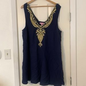 Lilly Pulitzer Women's Navy Owen Trapeze Embroidered V-neck Dress XL